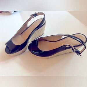 Arturo Chiang 6.5 M black patent leather espadrille wedges. Nordstrom fave.